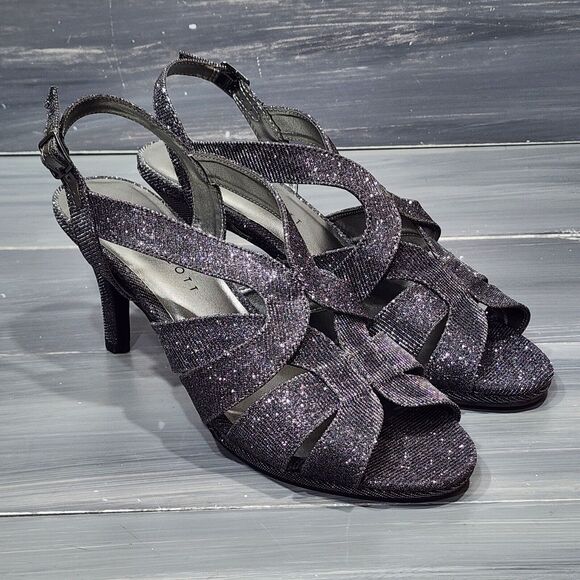 Karen Scott Belindah Sandals Size 9.5 M Metallic Pewter Open Toe Slingback Heels - Picture 1 of 13